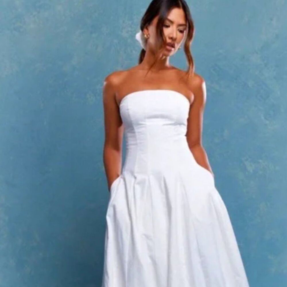 Corset Bust Pleated Strapless Bandeau Maxi Dress with Pockets